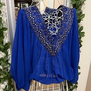 Sz S  Royal Blue Beaded Blouse